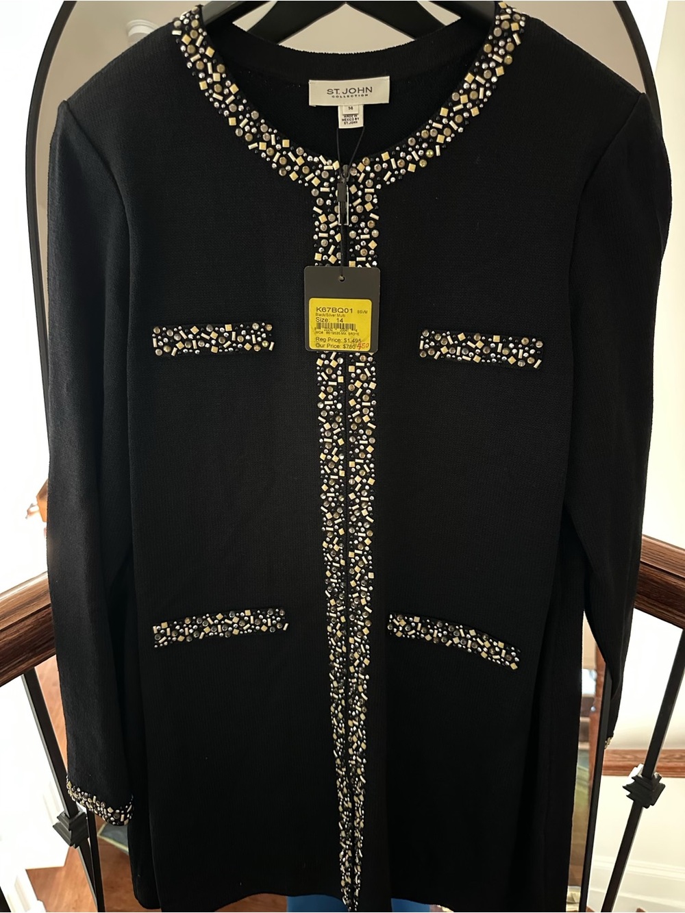 St. John Black Knit Blazer with Gold & Pearl Embellished Trim